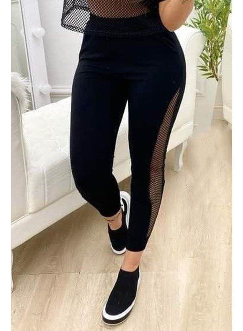 Kadın Yüksek Bel File Detaylı Dar Kesim Viskon Iki Iplik Pantolon