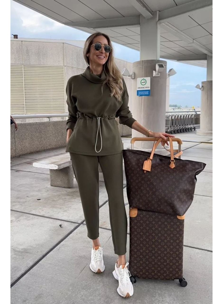 Kadın Uzun Kollu Balıkçı Yaka Belden Lastikli Modal Bluz Ve Pantolon Ikili Takım