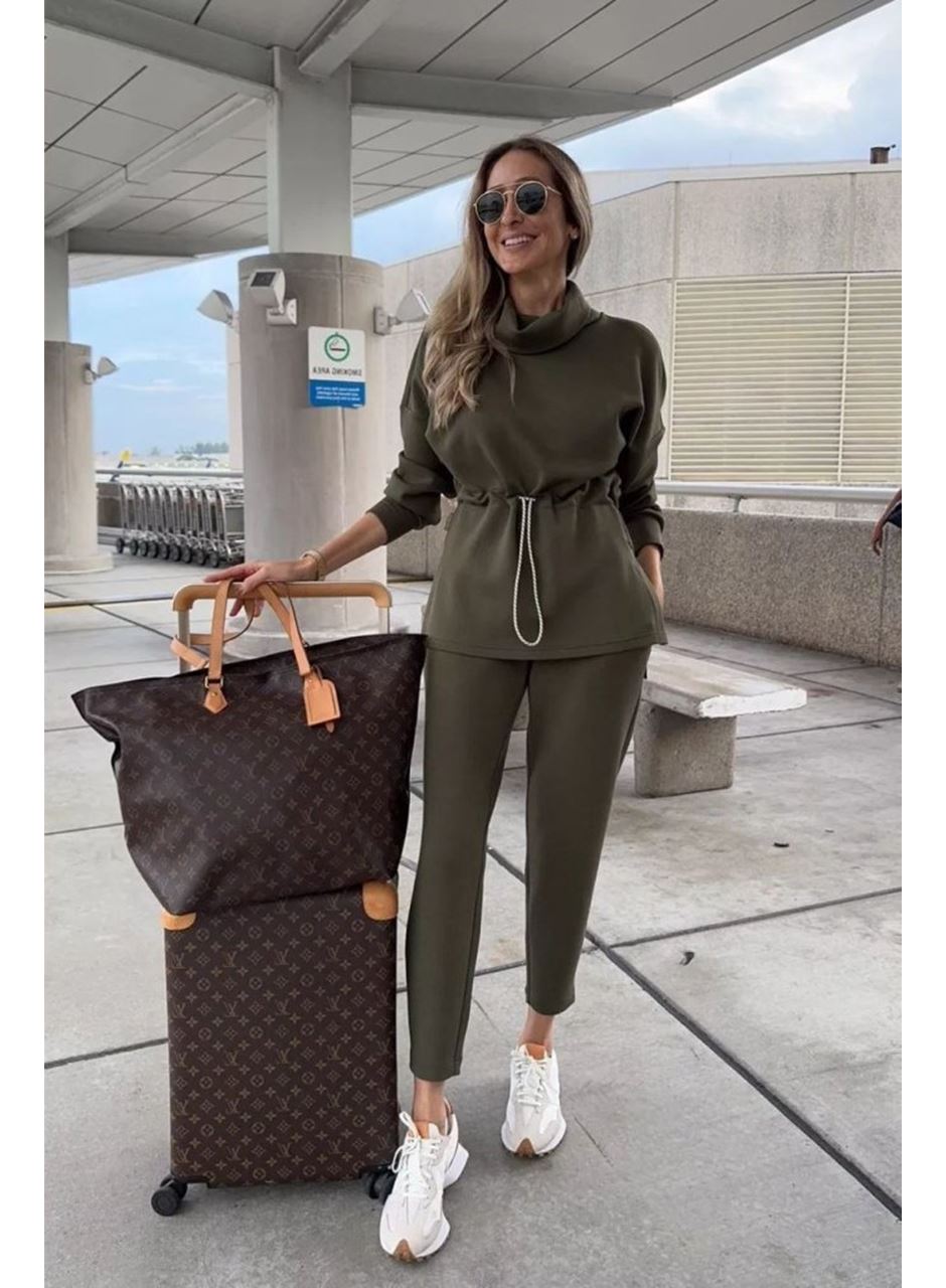 Kadın Uzun Kollu Balıkçı Yaka Belden Lastikli Modal Bluz Ve Pantolon Ikili Takım
