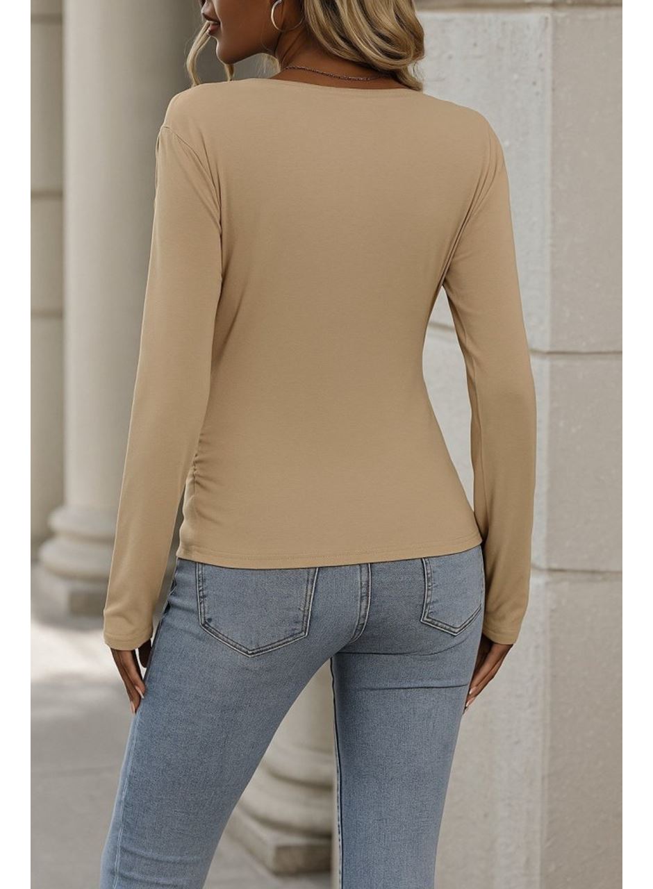Kadın Uzun Kollu Kruvaze Yaka Yanlardan Büzgülü Viskon Bluz