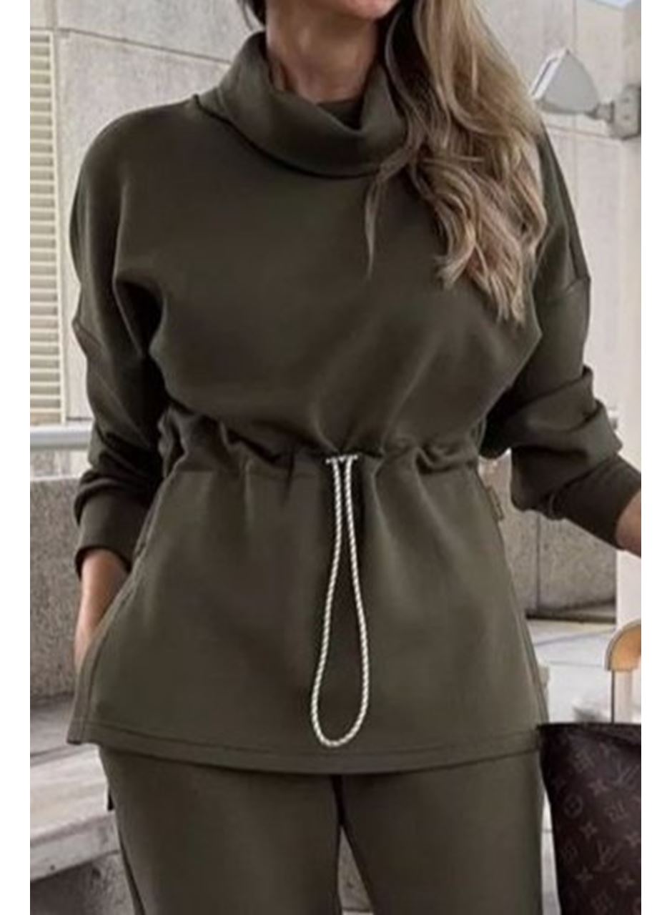 Kadın Uzun Kollu Balıkçı Yaka Belden Lastikli Modal Bluz Ve Pantolon Ikili Takım