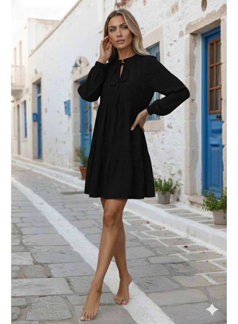 Kadın Uzun Kollu Yakadan Bağcıklı Fırfırlı Keten Mini Elbise