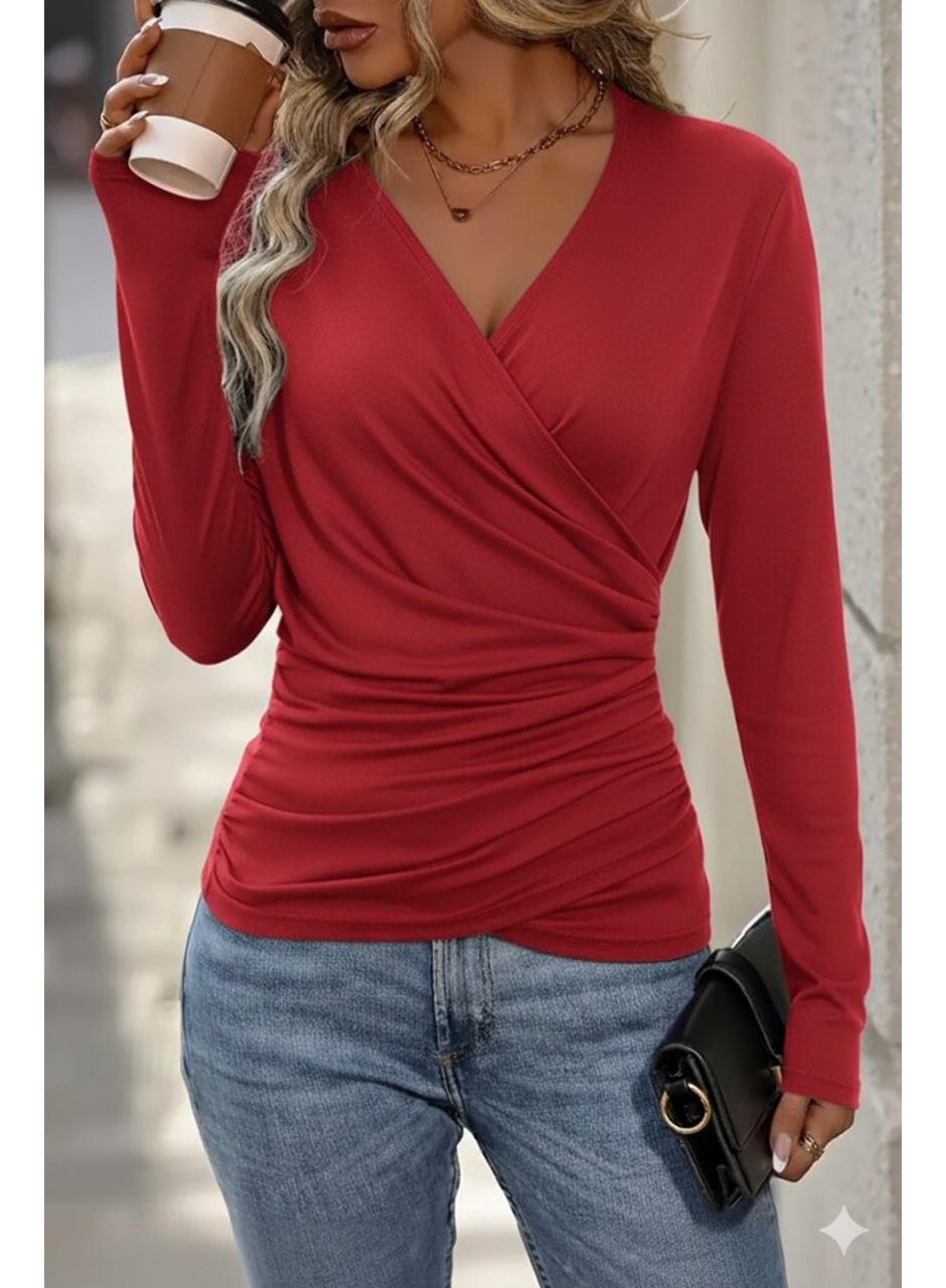 Kadın Uzun Kollu Kruvaze Yaka Yanlardan Büzgülü Viskon Bluz