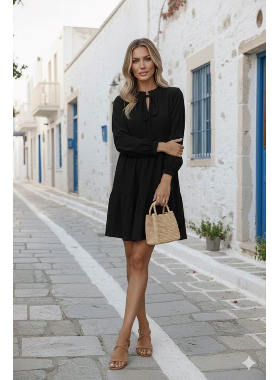 Kadın Uzun Kollu Yakadan Bağcıklı Fırfırlı Keten Mini Elbise