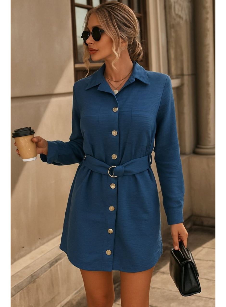 Kadın Uzun Kollu Yakalı önden Düğmeli Beli Kuşaklı Mini Ithal Keten Elbise