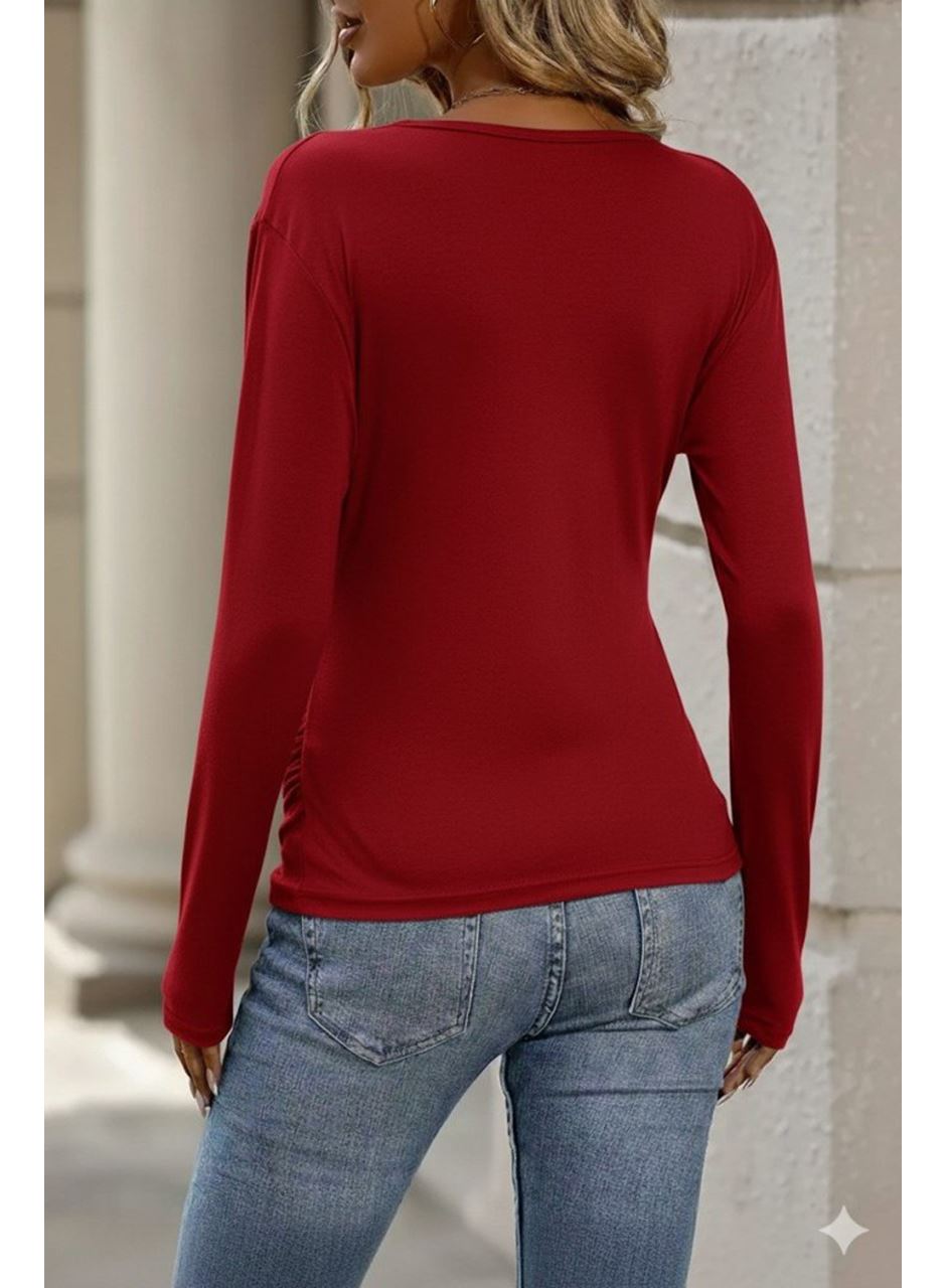 Kadın Uzun Kollu Kruvaze Yaka Yanlardan Büzgülü Viskon Bluz