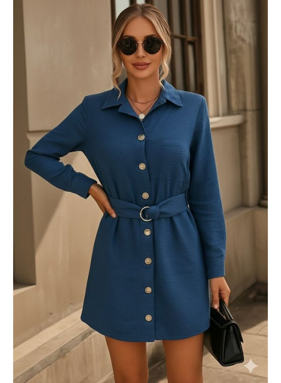 Kadın Uzun Kollu Yakalı önden Düğmeli Beli Kuşaklı Mini Ithal Keten Elbise