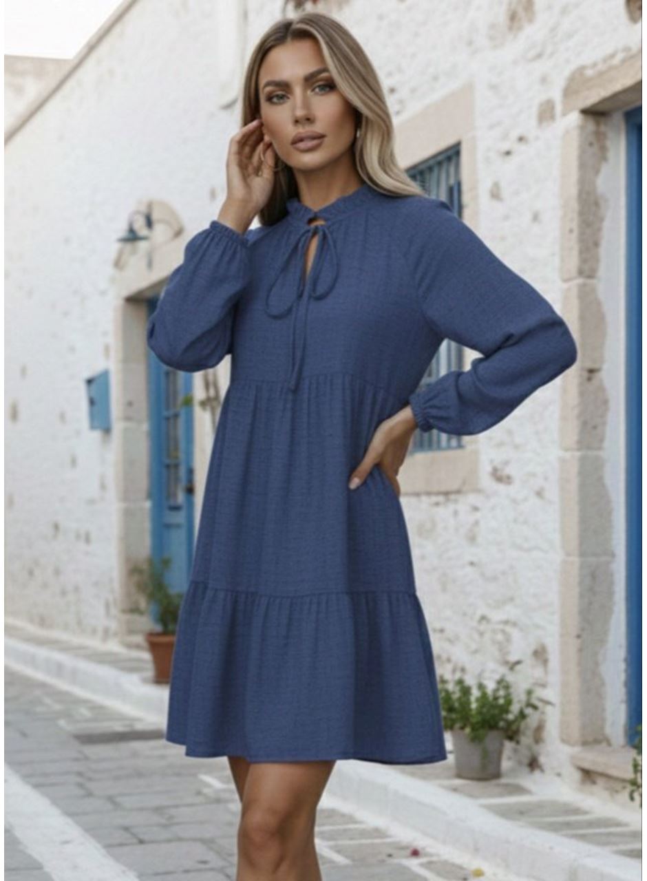 Kadın Uzun Kollu Yakadan Bağcıklı Fırfırlı Keten Mini Elbise