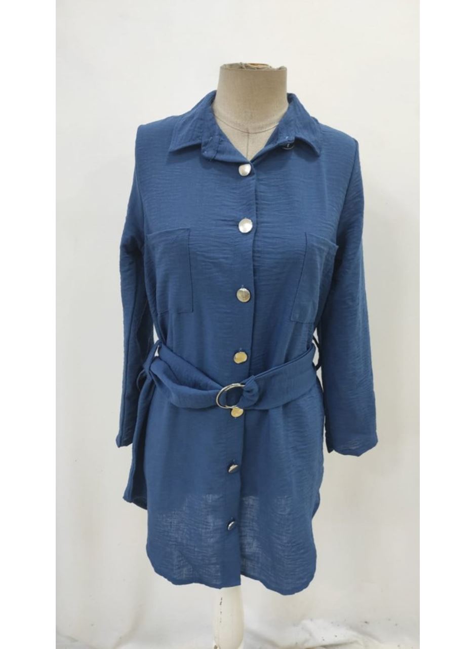 Kadın Uzun Kollu Yakalı önden Düğmeli Beli Kuşaklı Mini Ithal Keten Elbise