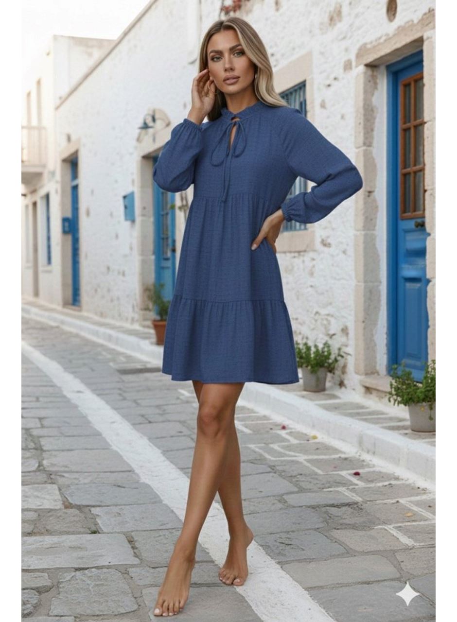 Kadın Uzun Kollu Yakadan Bağcıklı Fırfırlı Keten Mini Elbise