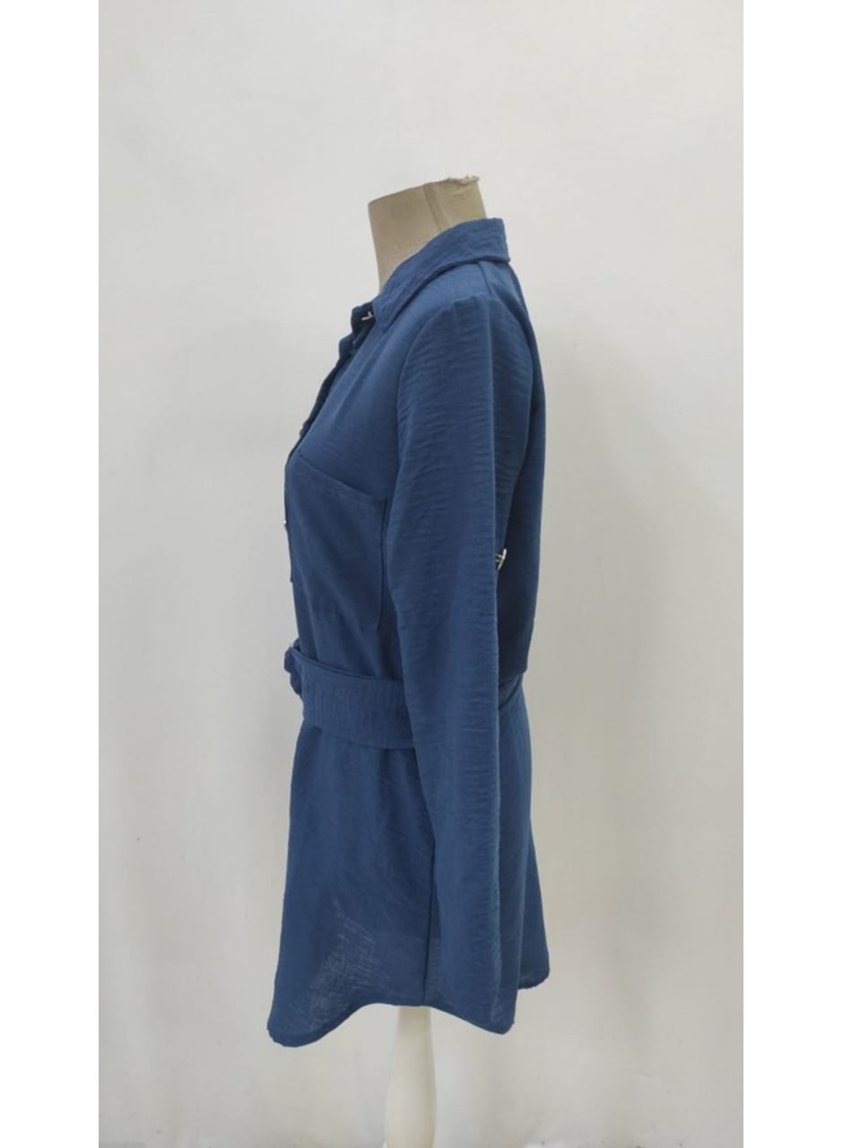 Kadın Uzun Kollu Yakalı önden Düğmeli Beli Kuşaklı Mini Ithal Keten Elbise