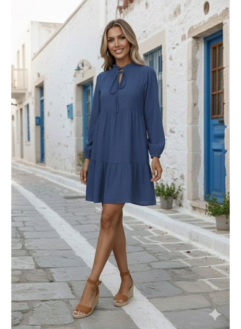 Kadın Uzun Kollu Yakadan Bağcıklı Fırfırlı Keten Mini Elbise