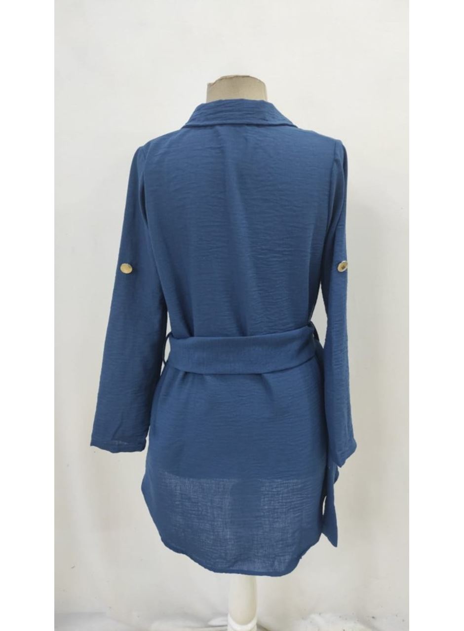 Kadın Uzun Kollu Yakalı önden Düğmeli Beli Kuşaklı Mini Ithal Keten Elbise