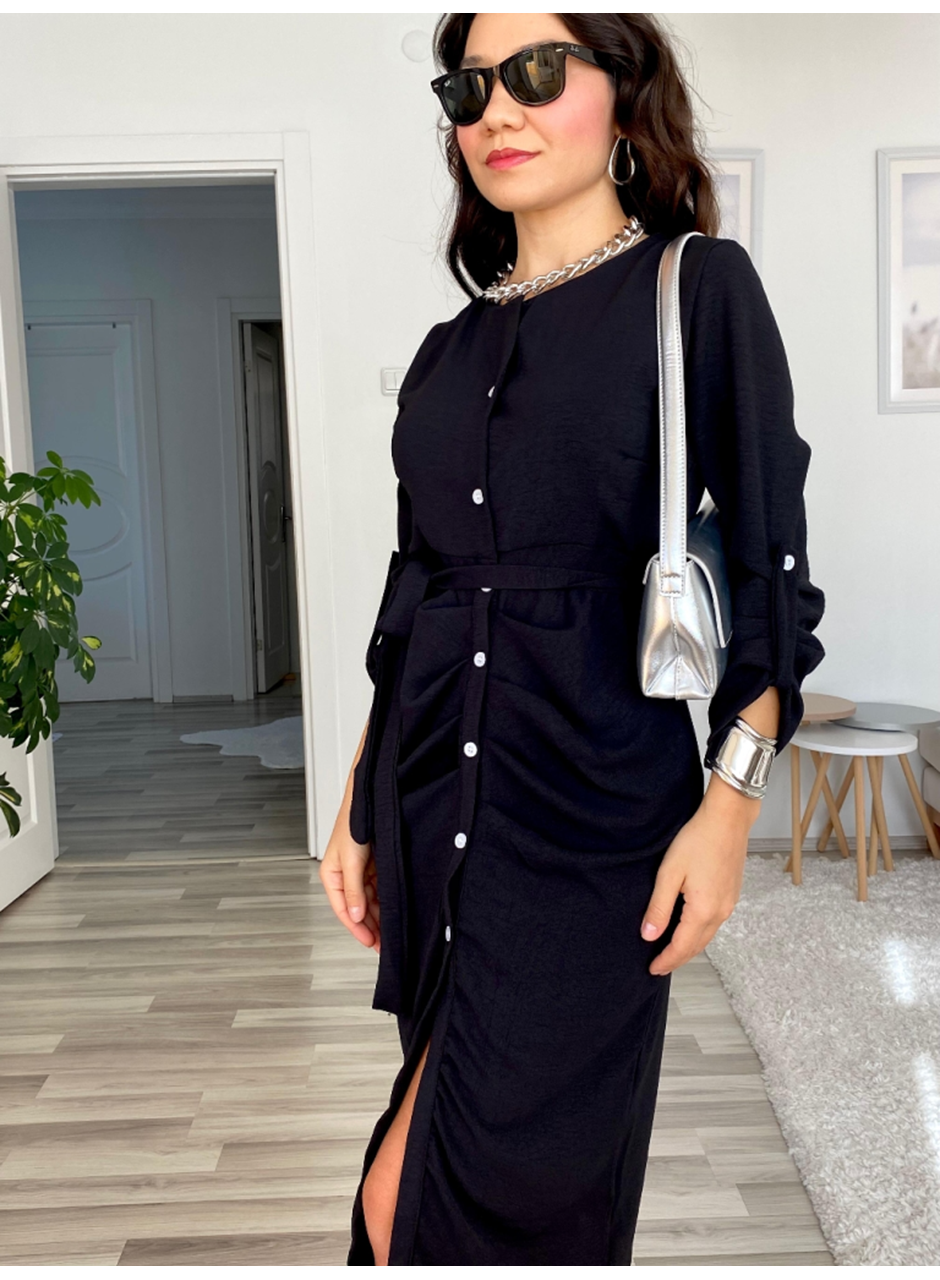 Kadın Uzun Kollu önden Düğmeli Beli Kuşaklı Aerobin Midi Elbise