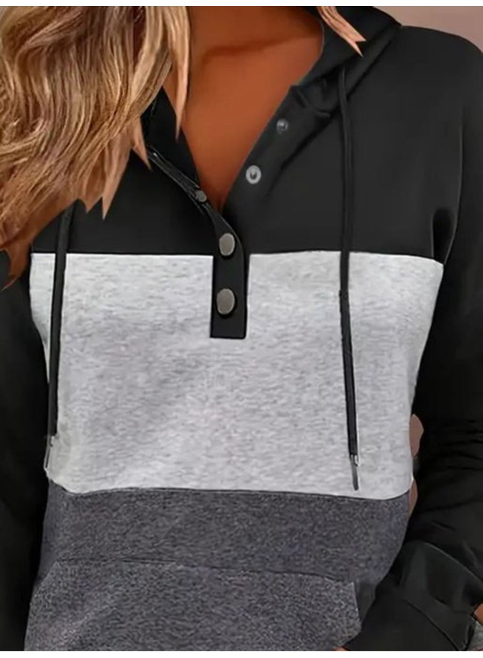 Kadın Uzun Kollu Kapşonlu çok Renkli Iki Iplik Bluz