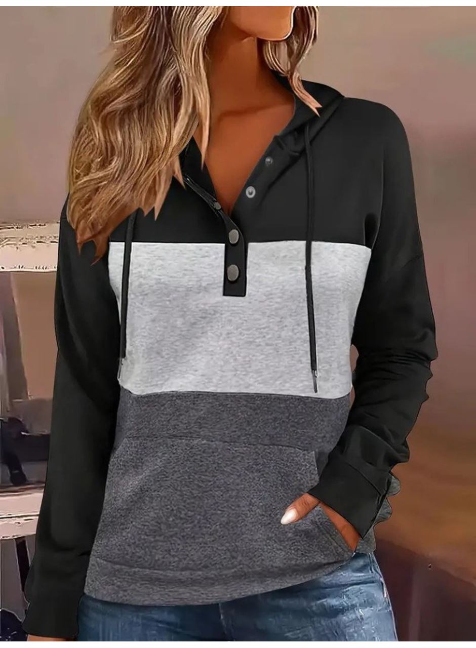 Kadın Uzun Kollu Kapşonlu çok Renkli Iki Iplik Bluz