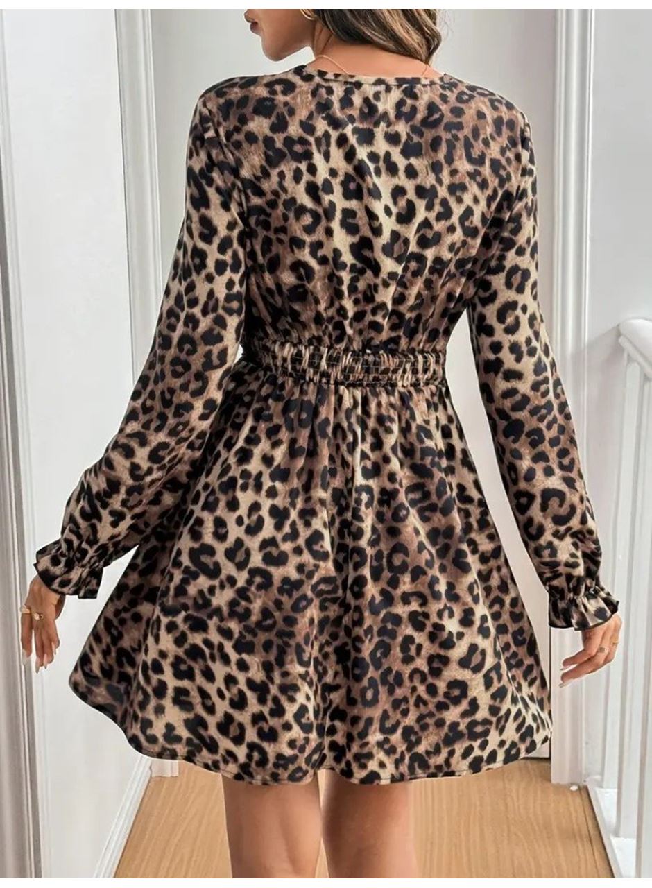 Kadın Uzun Kollu V Dantel Yakalı Leopar Desenli Modal Mini Elbise