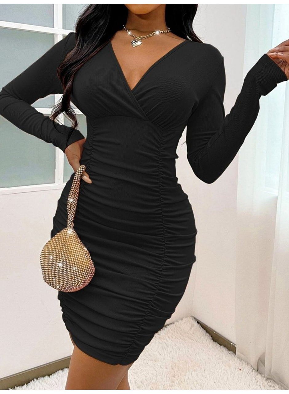 Kadın Uzun Kollu Kruvaze Yaka Sandy Mini Elbise