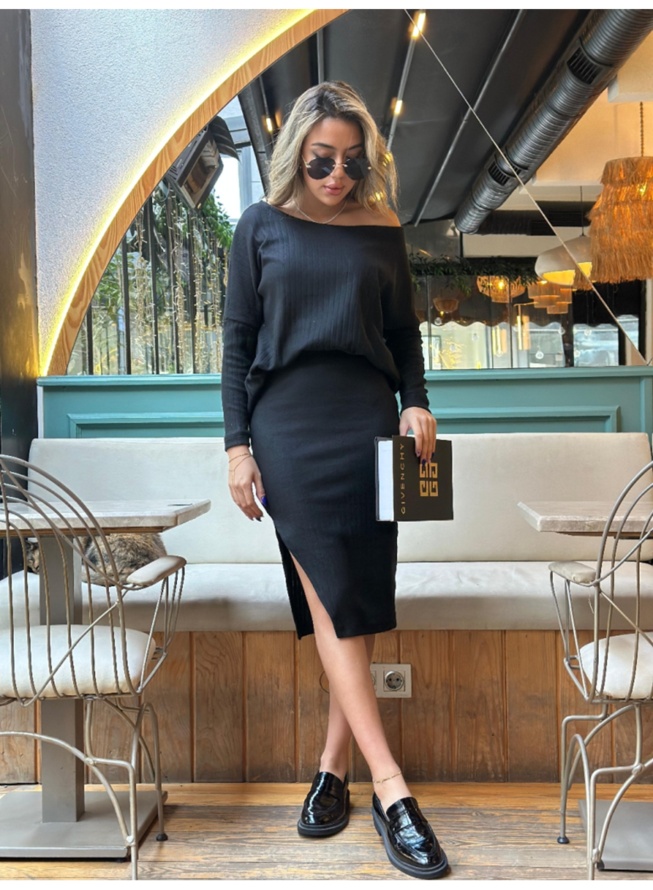 Kadın Uzun Kollu Düşük Omuz Yırtmaç Detay Kaşkorse Etek Bluz Ikili Takım