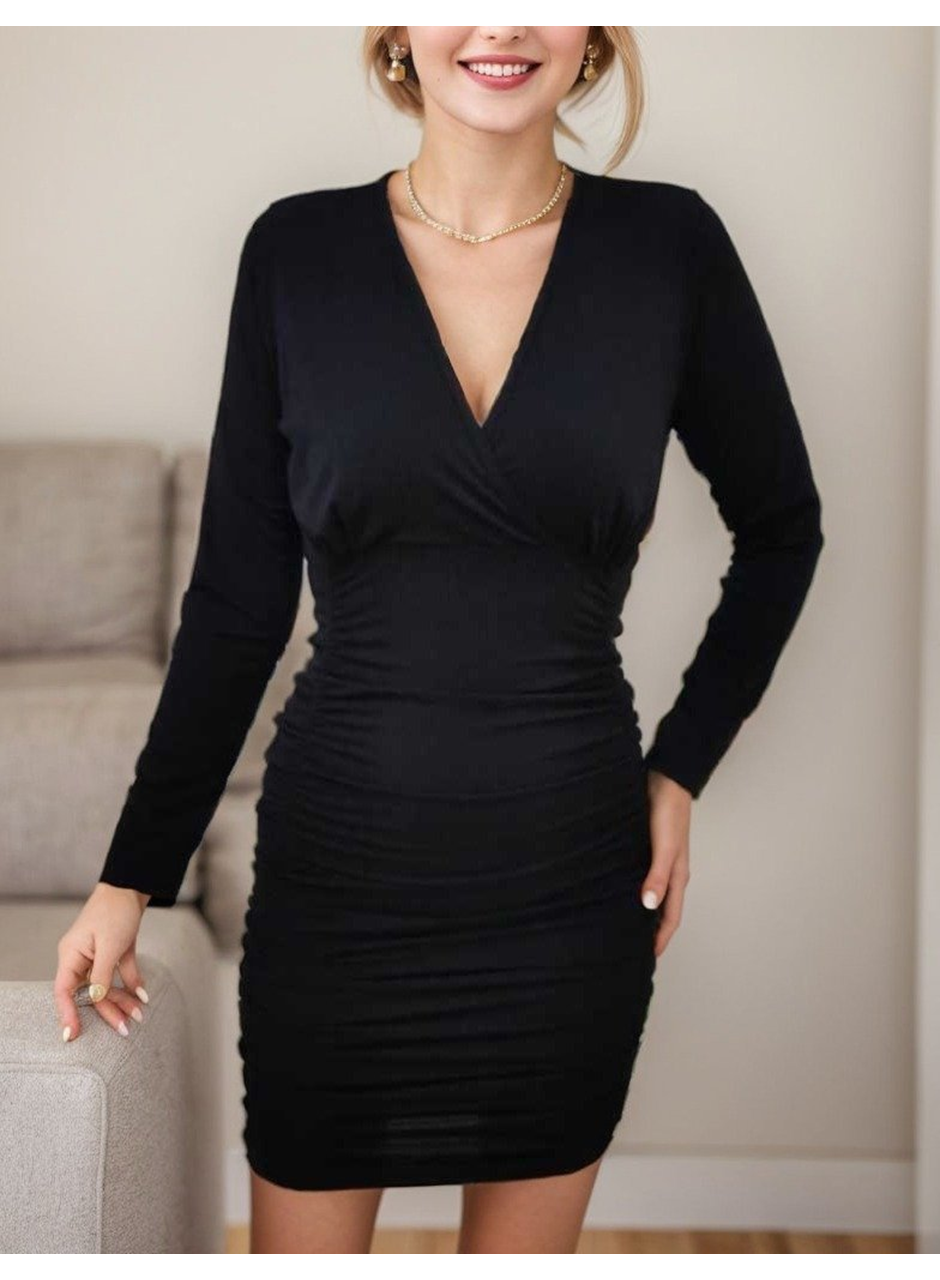 Kadın Uzun Kollu Kruvaze Yaka Sandy Mini Elbise