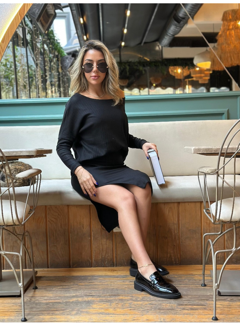 Kadın Uzun Kollu Düşük Omuz Yırtmaç Detay Kaşkorse Etek Bluz Ikili Takım