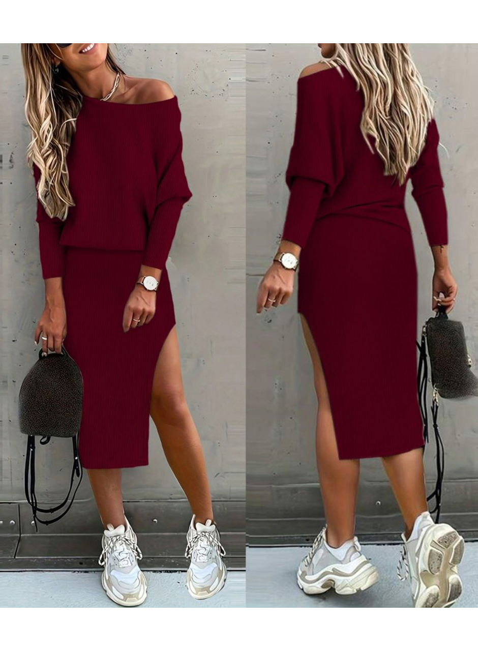 Kadın Uzun Kollu Düşük Omuz Yırtmaç Detay Kaşkorse Etek Bluz Ikili Takım