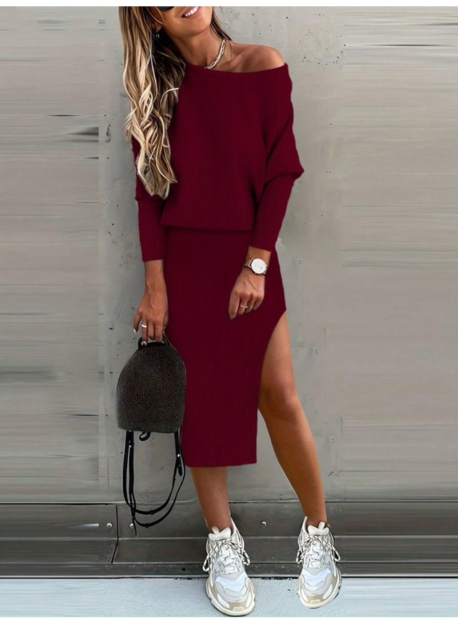 Kadın Uzun Kollu Düşük Omuz Yırtmaç Detay Kaşkorse Etek Bluz Ikili Takım