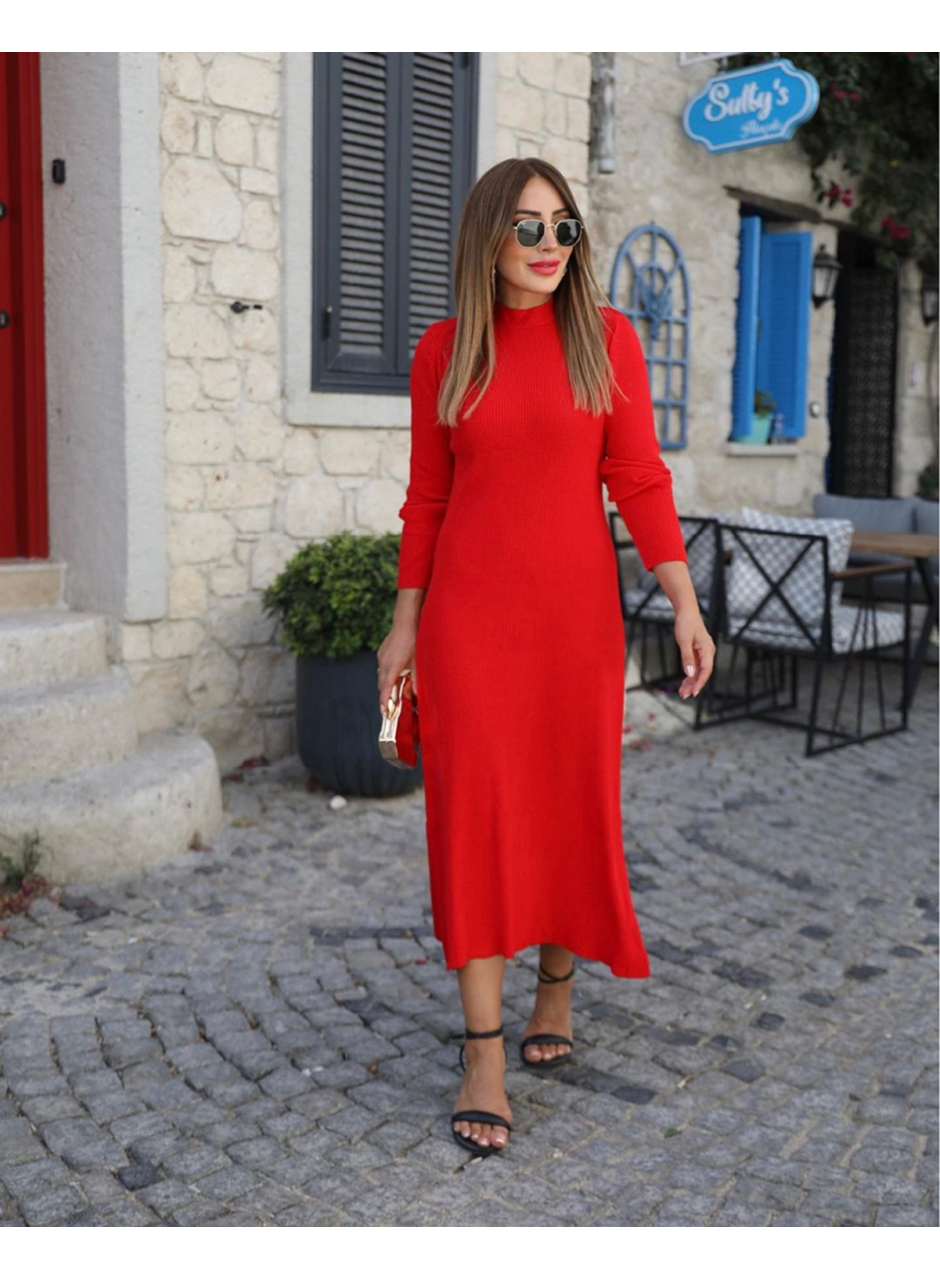 Kadın Uzun Kollu Yarı Balıkçı Yaka Arkadan Pencere Detaylı Bağcıklı Midi Triko Elbise