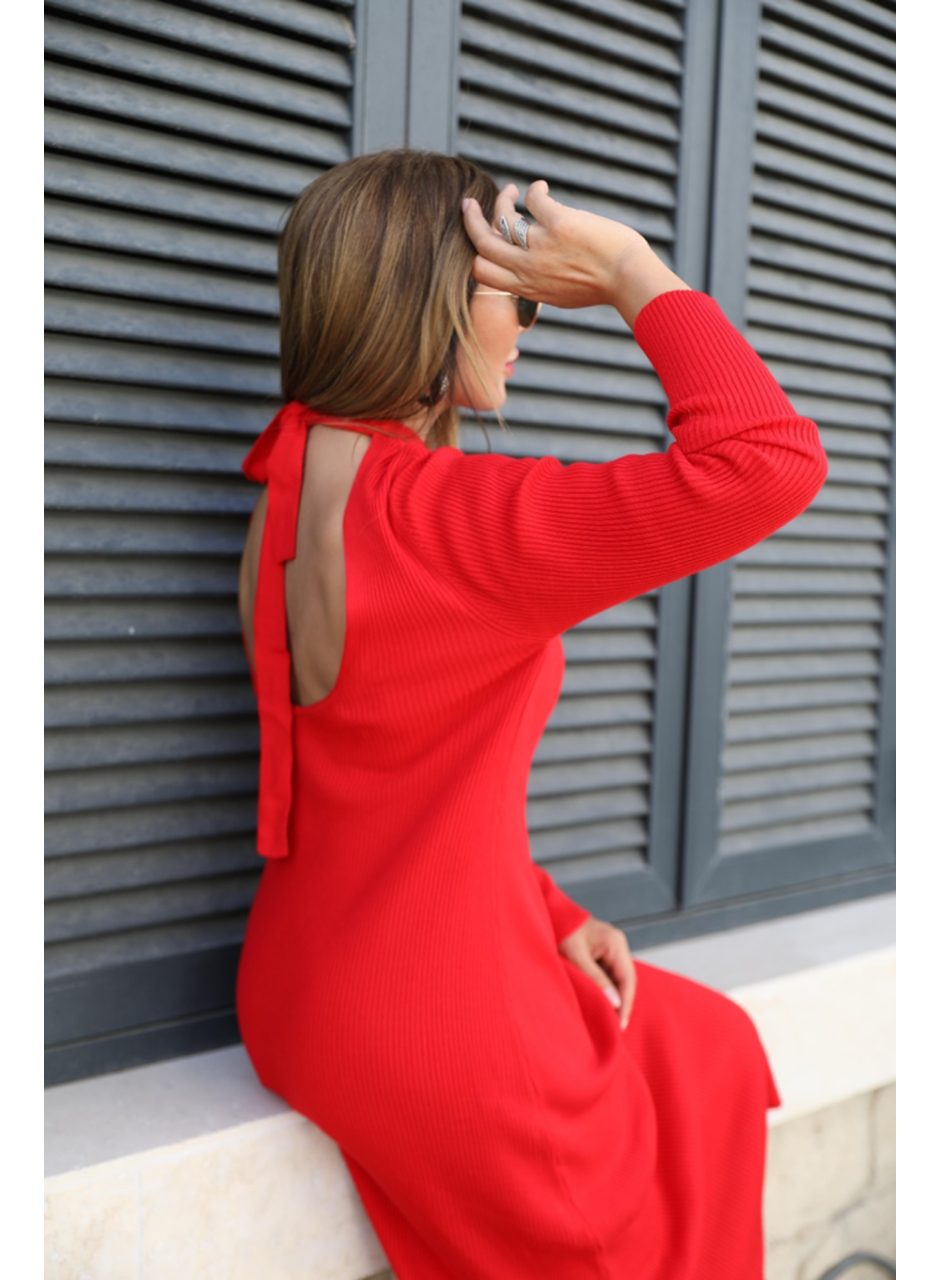 Kadın Uzun Kollu Yarı Balıkçı Yaka Arkadan Pencere Detaylı Bağcıklı Midi Triko Elbise