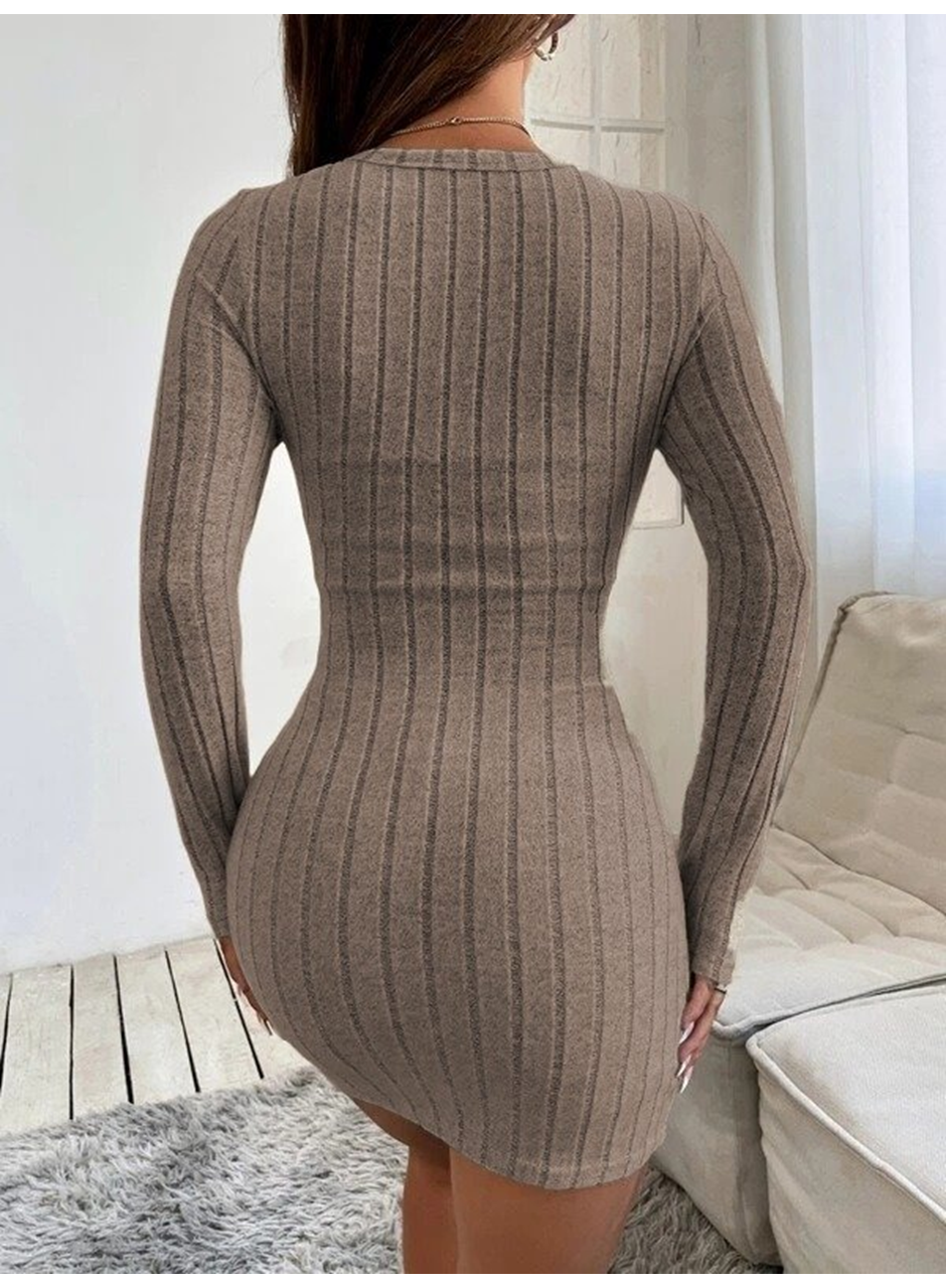 Kadın Uzun Kollu Bisiklet Yaka şardonlu Kalın Fitilli Kaşkorse Mini Boy Elbise