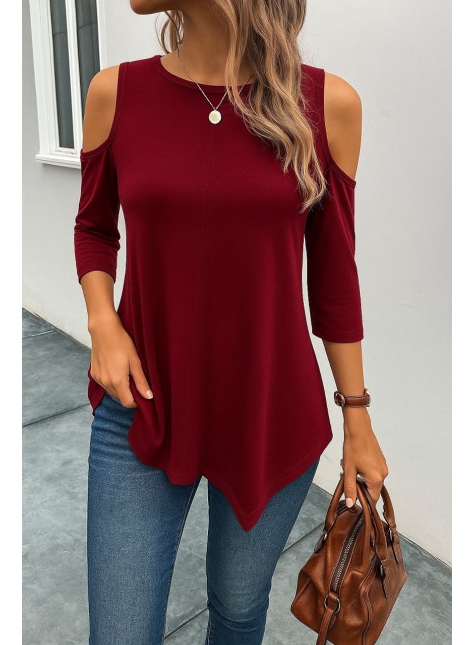 Kadın Omuzlardan Açık Sıfır Yaka Asimetrik Kesim Detay Viskon Bluz
