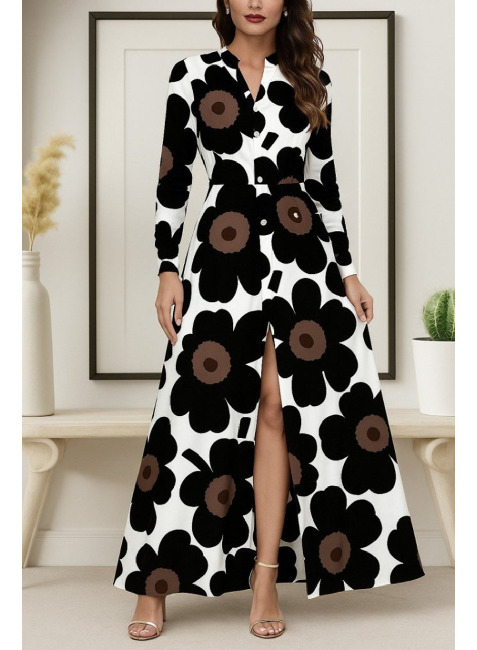 Kadın Yakalı önden Düğmeli çiçek Desenli Uzun Süprem Elbise