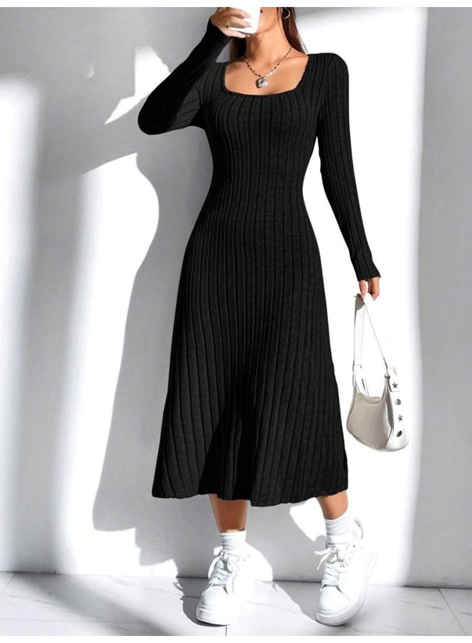 Kadın Uzun Kollu Kare Yaka Midi Kaşkorse Elbise