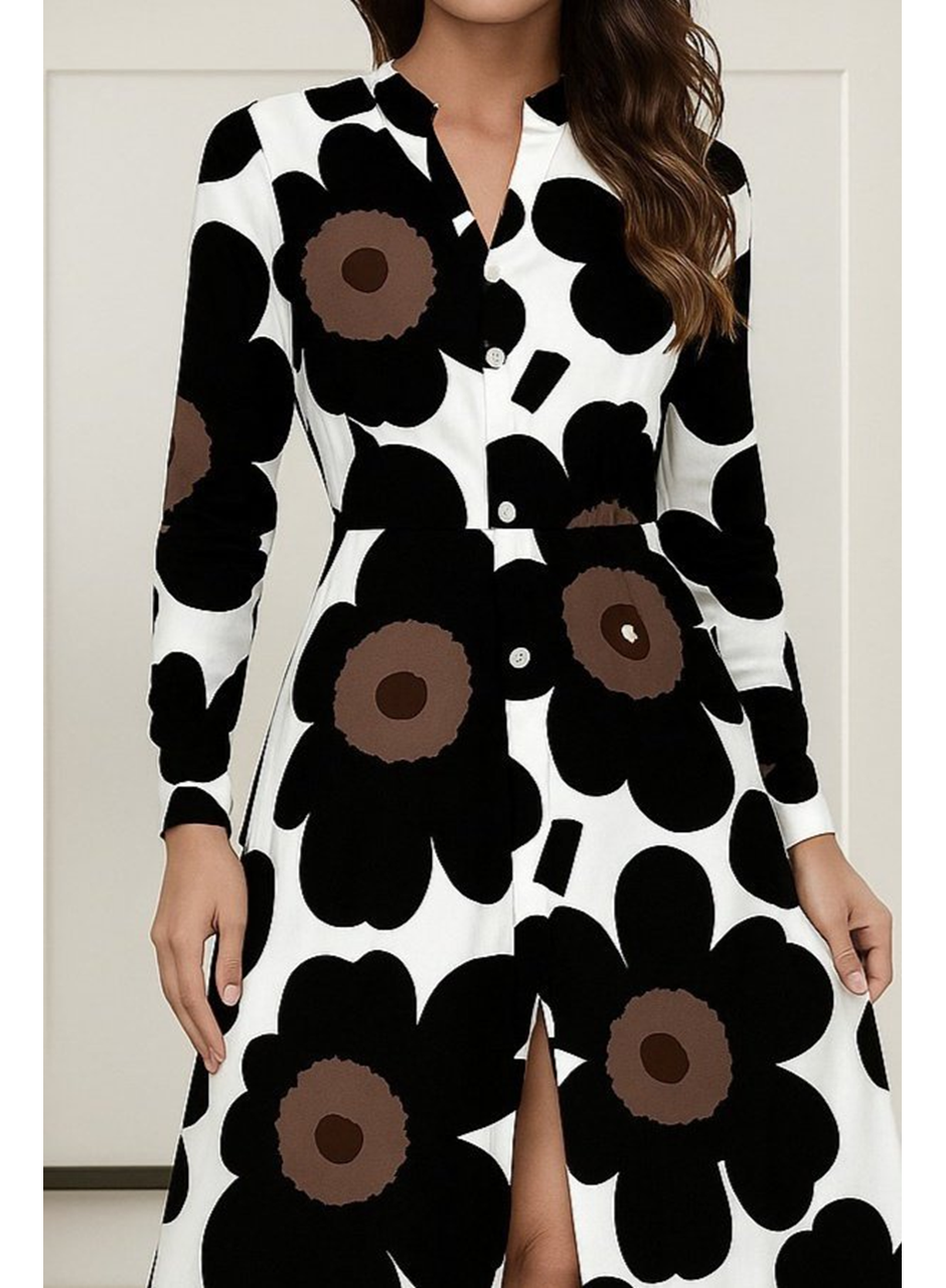 Kadın Yakalı önden Düğmeli çiçek Desenli Uzun Süprem Elbise