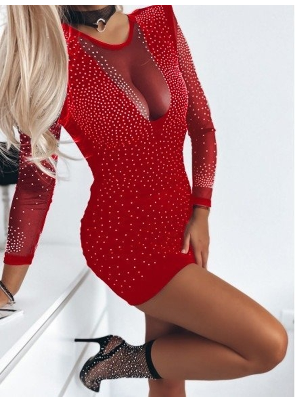 Kadın Uzun Kollu Yuvarlak Yaka Dekolteli Taşlı Dalgıç Elbise