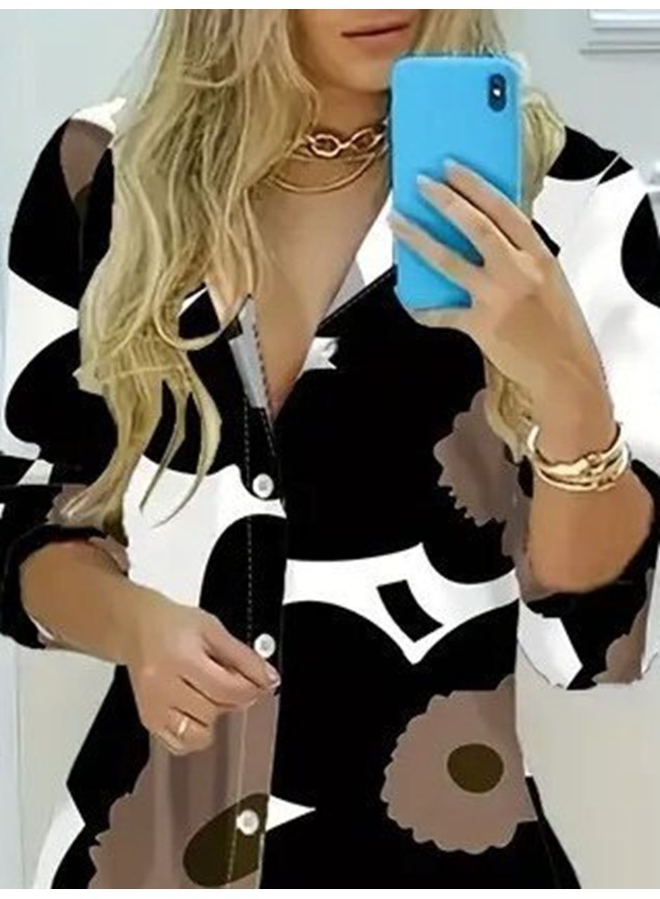 Kadın Yakalı önden Düğmeli çiçek Desenli Uzun Süprem Elbise