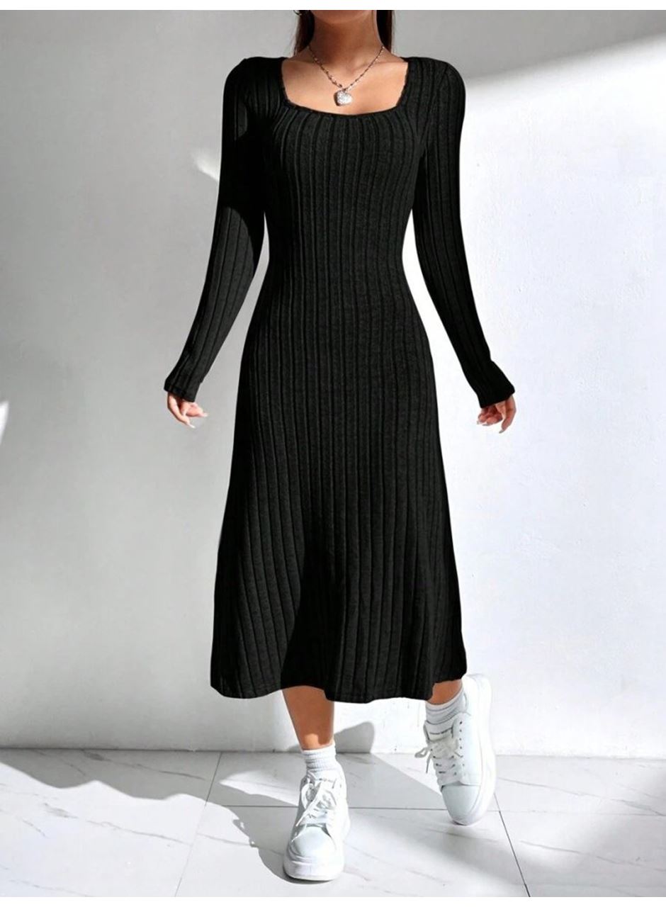 Kadın Uzun Kollu Kare Yaka Midi Kaşkorse Elbise