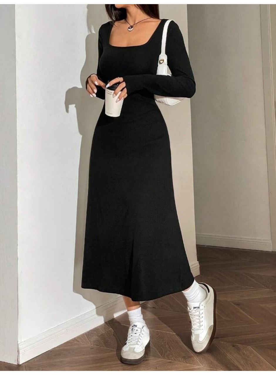 Kadın Uzun Kollu Kare Yaka Midi Kaşkorse Elbise