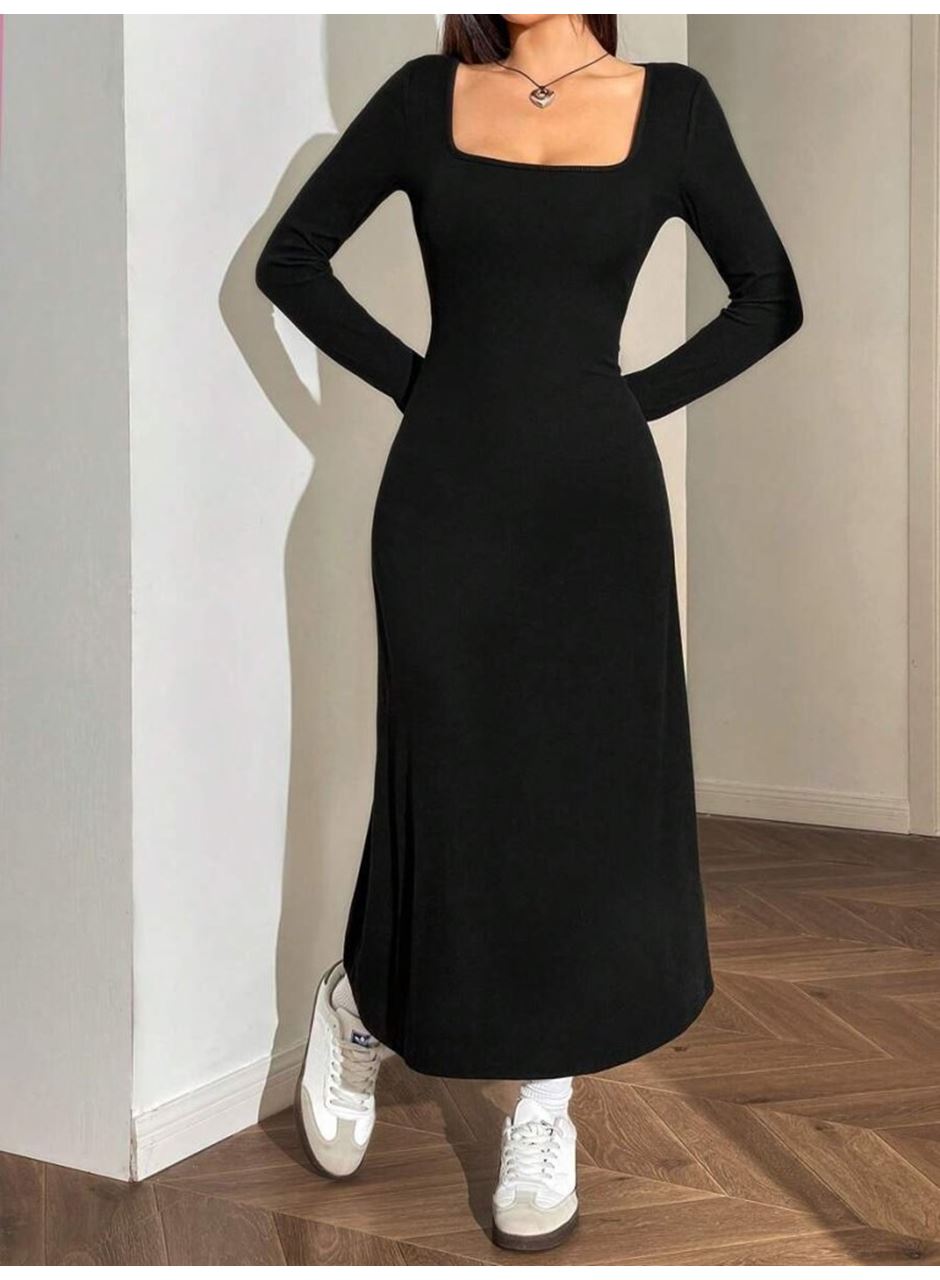 Kadın Uzun Kollu Kare Yaka Midi Kaşkorse Elbise