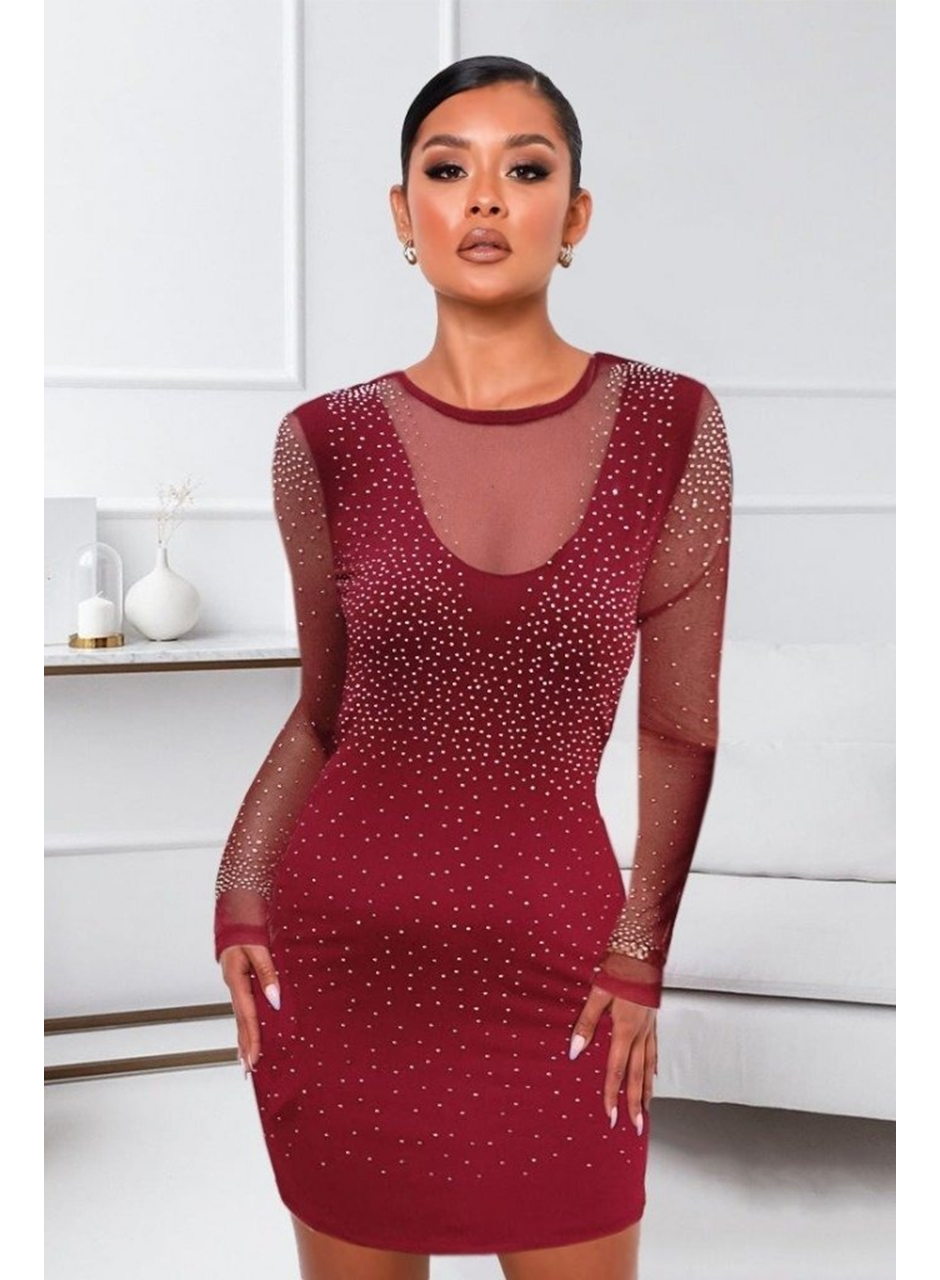 Kadın Uzun Kollu Yuvarlak Yaka Dekolteli Taşlı Dalgıç Elbise