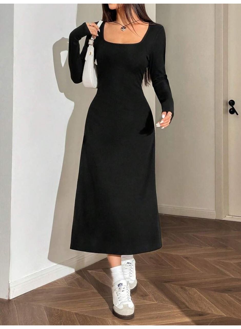 Kadın Uzun Kollu Kare Yaka Midi Kaşkorse Elbise