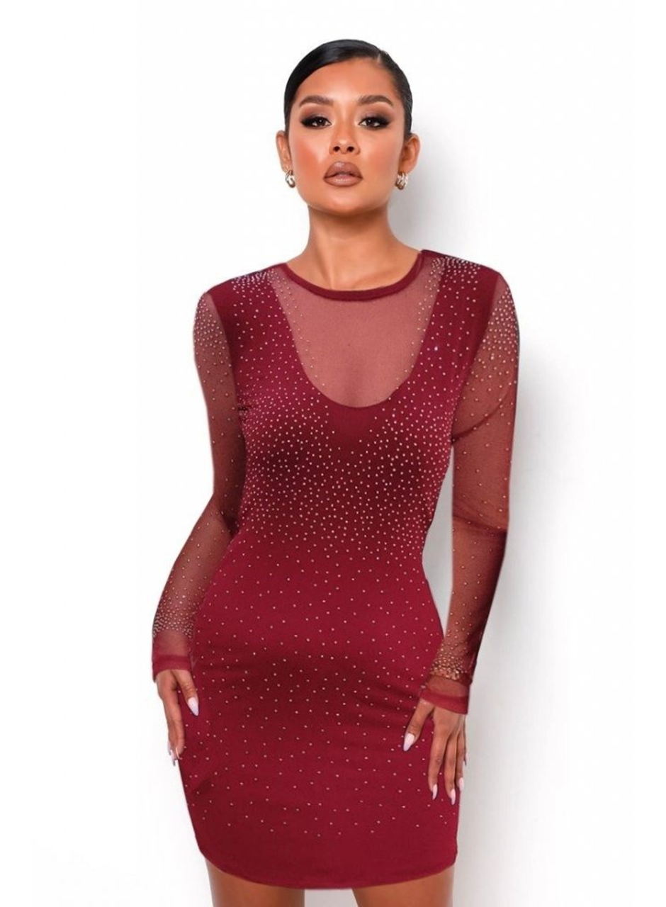 Kadın Uzun Kollu Yuvarlak Yaka Dekolteli Taşlı Dalgıç Elbise