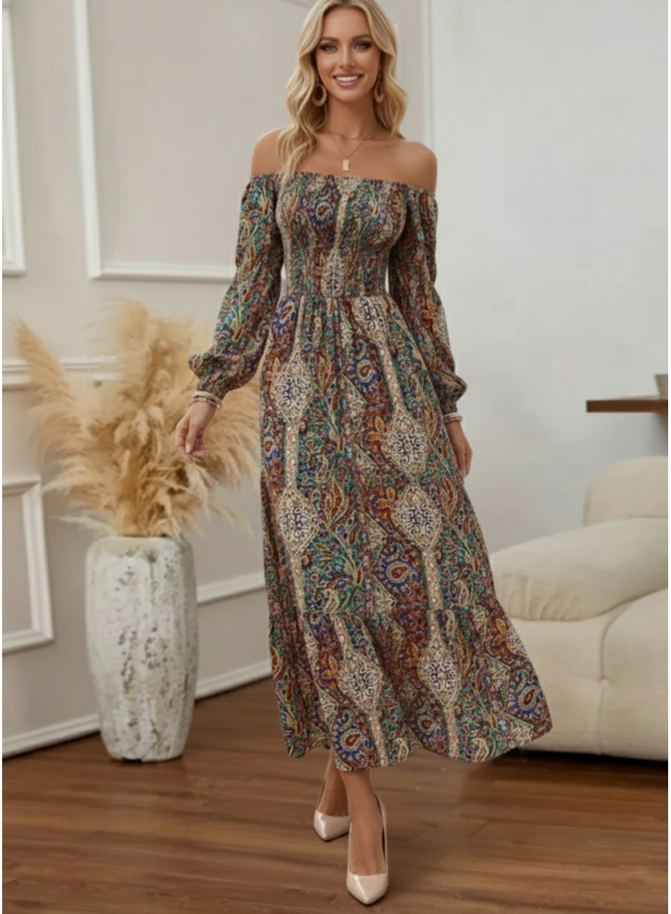 Kadın Düşük Omuzlu Beli Büzgülü Dijital Desenli Kesik Elyaf Süprem Uzun Elbise