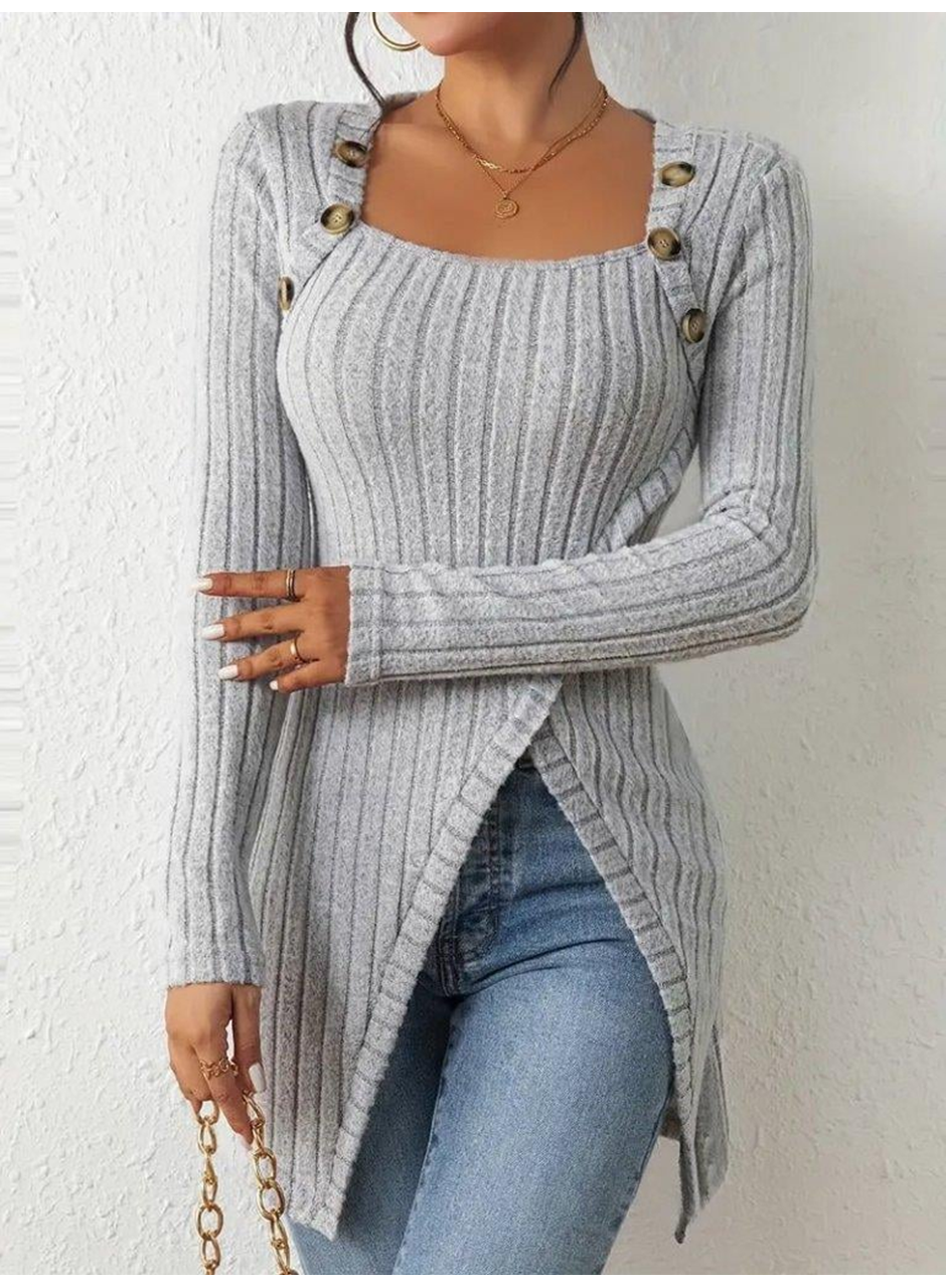 Kadın Uzun Kollu Derin Kare Yaka Düğme Detay şardonlu Kaşkorse Kruvaze Bluz