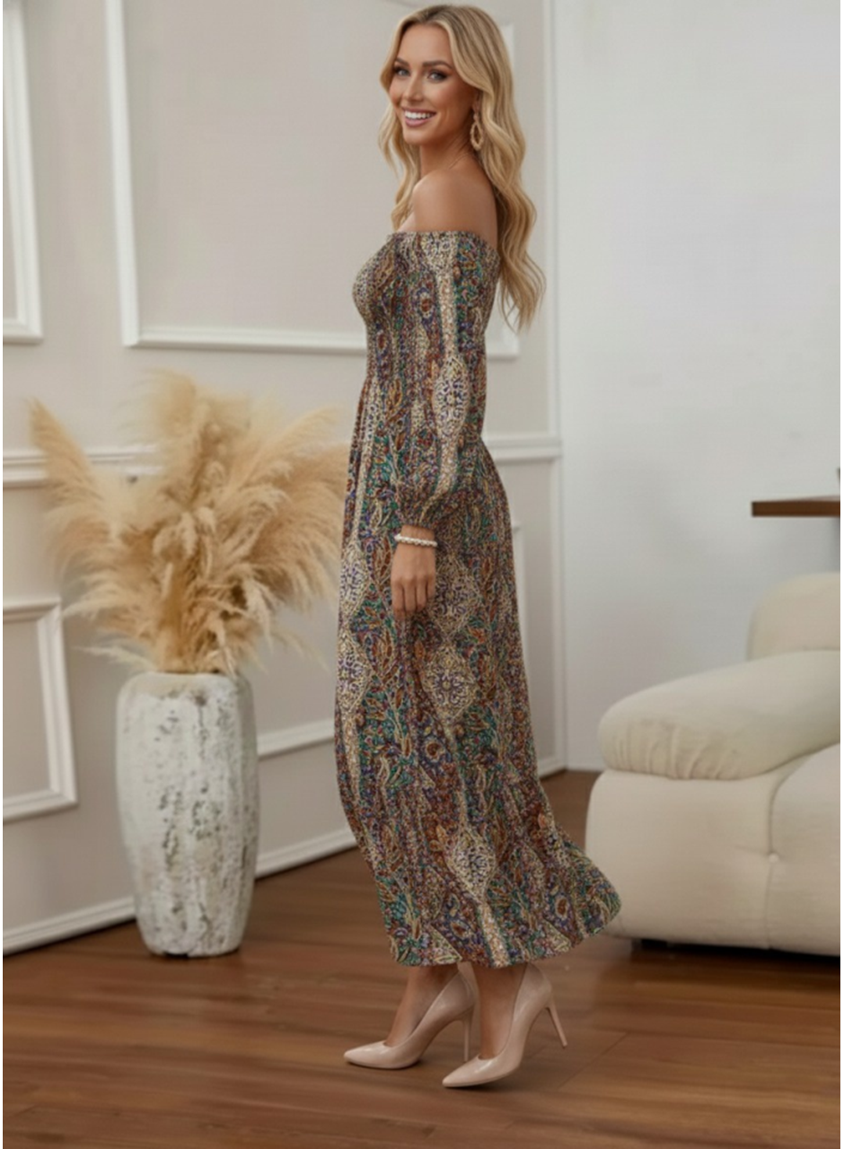 Kadın Düşük Omuzlu Beli Büzgülü Dijital Desenli Kesik Elyaf Süprem Uzun Elbise