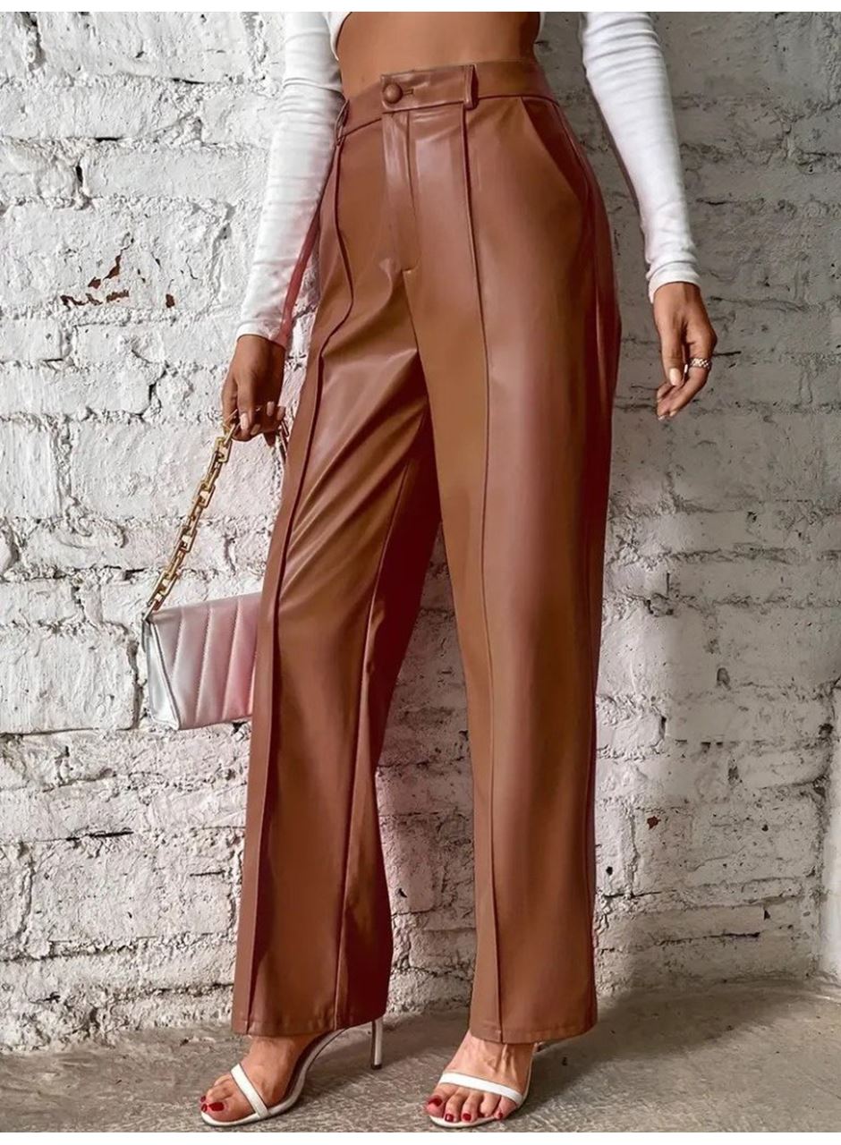 Kadın önden Fermuarlı Cepli Geniş Kesim Lame Deri Pantolon