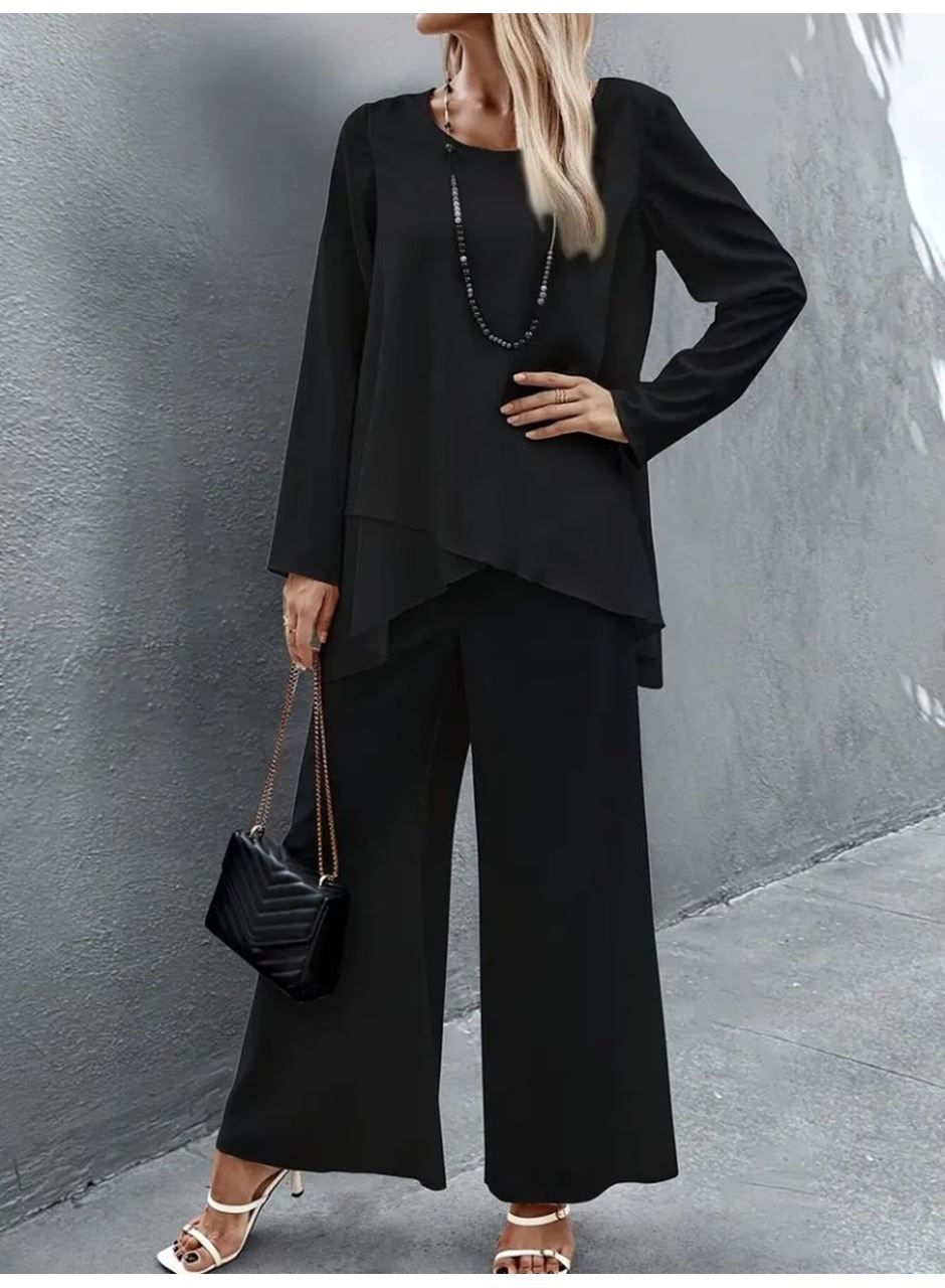 Kadın Uzun Kollu Asimetrik Detaylı Salaş Sandy Bluz Ve Pantolon Ikili Takım