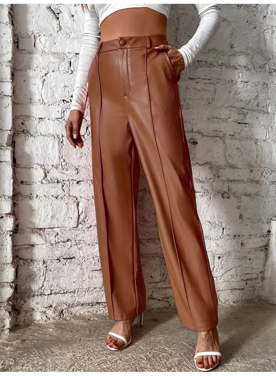 Kadın önden Fermuarlı Cepli Geniş Kesim Lame Deri Pantolon