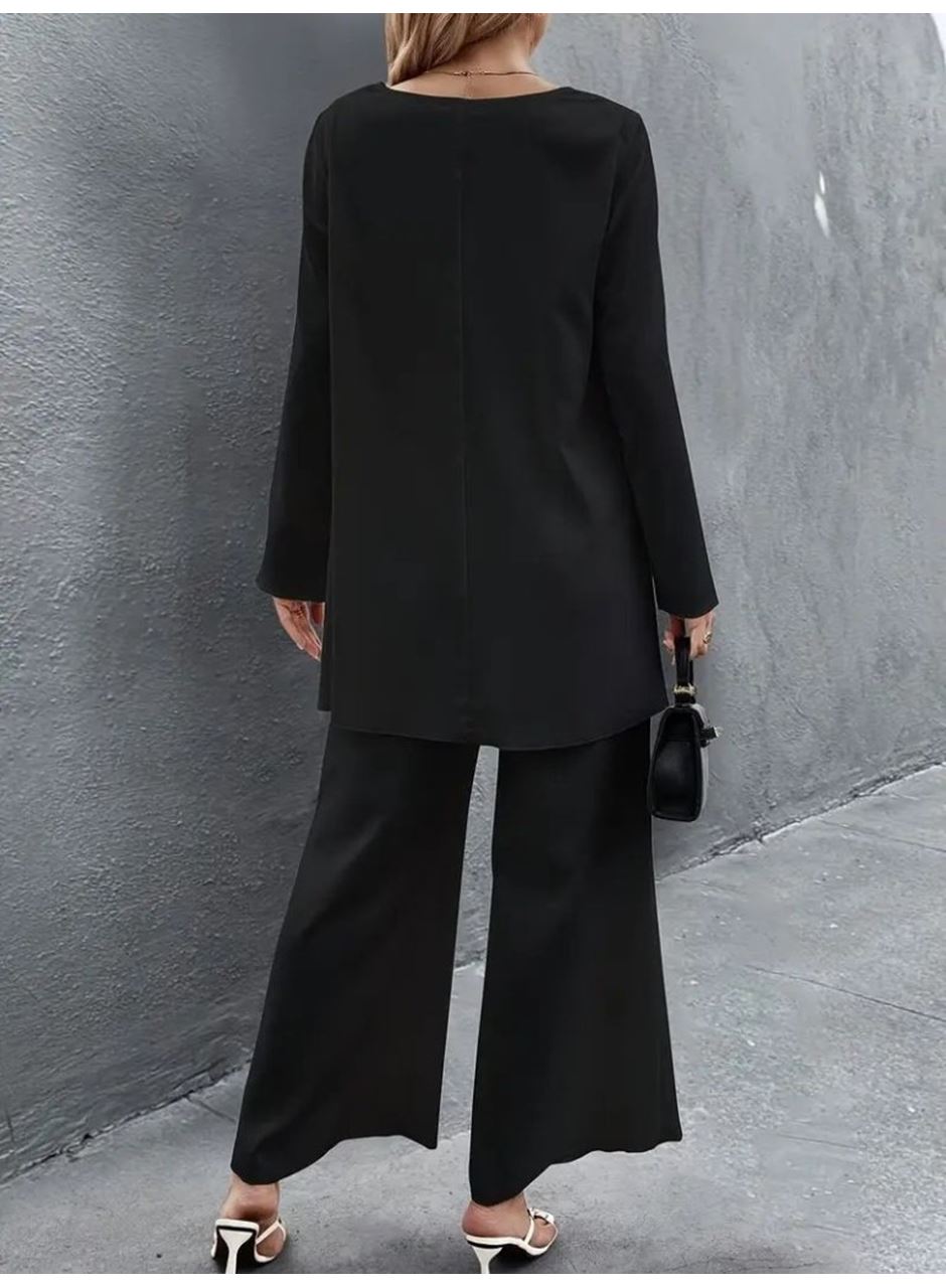 Kadın Uzun Kollu Asimetrik Detaylı Salaş Sandy Bluz Ve Pantolon Ikili Takım