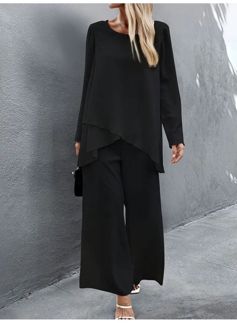 Kadın Uzun Kollu Asimetrik Detaylı Salaş Sandy Bluz Ve Pantolon Ikili Takım